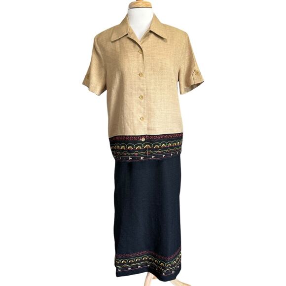 Alfred Dunner sz 12/14 Top Skirt Set Gold Black Maxi Button Down Boho - Picture 1 of 7